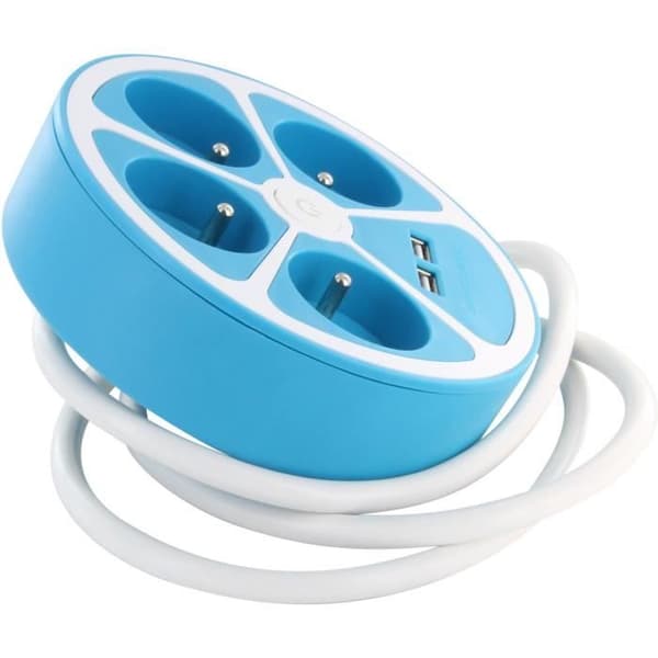 Cirkulär design grenuttag - CHACON - 4X16 A - 1,5 m sladd - Med 2 USB-A + Switch - Blå