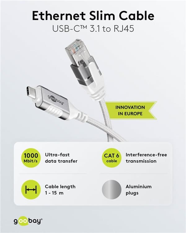 Ethernet-kabel USB-C™ 3.1 til RJ45, Slim, 15 m