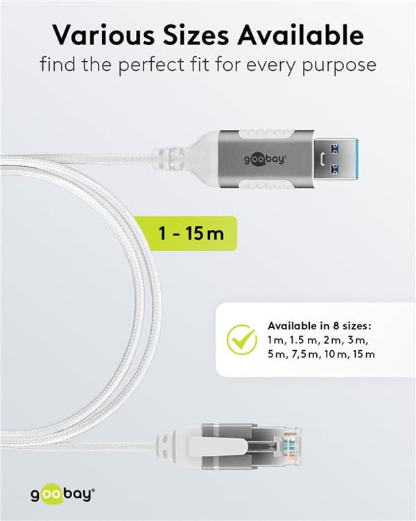 Ethernet-kabel USB-A 3.0 til RJ45, Slim, 15 m