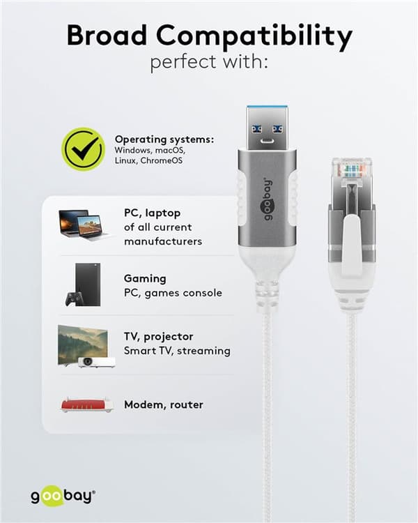 Ethernet-kabel USB-A 3.0 til RJ45, Slim, 15 m