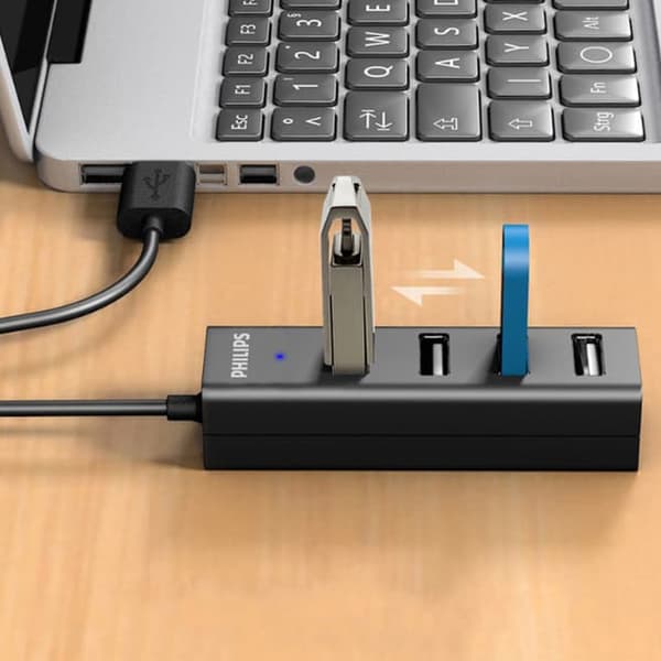 "Philips USB 2.0 Splitter, et praktisk udvidelsesprodukt til bærbare brugere, kan nemt udvide 1 USB-port til 4 for at opfylde dine behov.