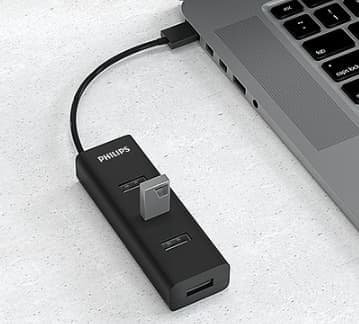 "Philips USB 2.0 Splitter, et praktisk udvidelsesprodukt til bærbare brugere, kan nemt udvide 1 USB-port til 4 for at opfylde dine behov.