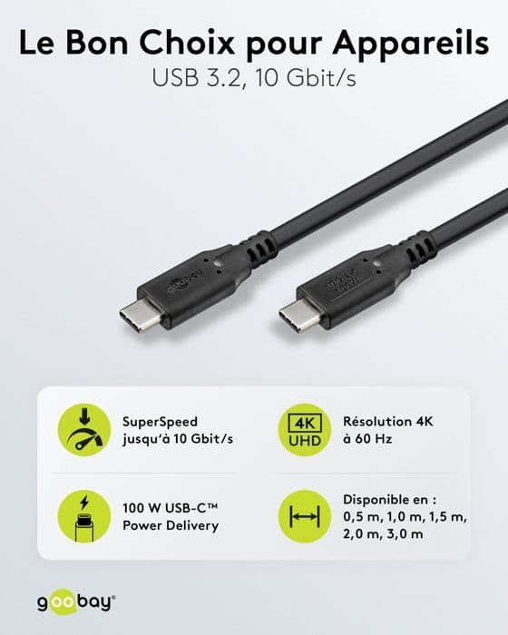 Elledningar - flätor - ledare Goobay - RB74202 - USB-C kabel, USB 3.2, 100 W, 10 Gbit/s, Power Delivery, m