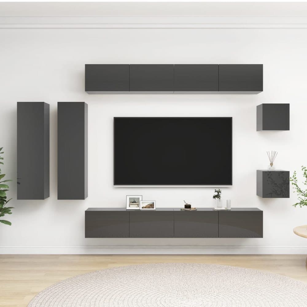 TV-skåp 8 delar grå högglans spånskiva