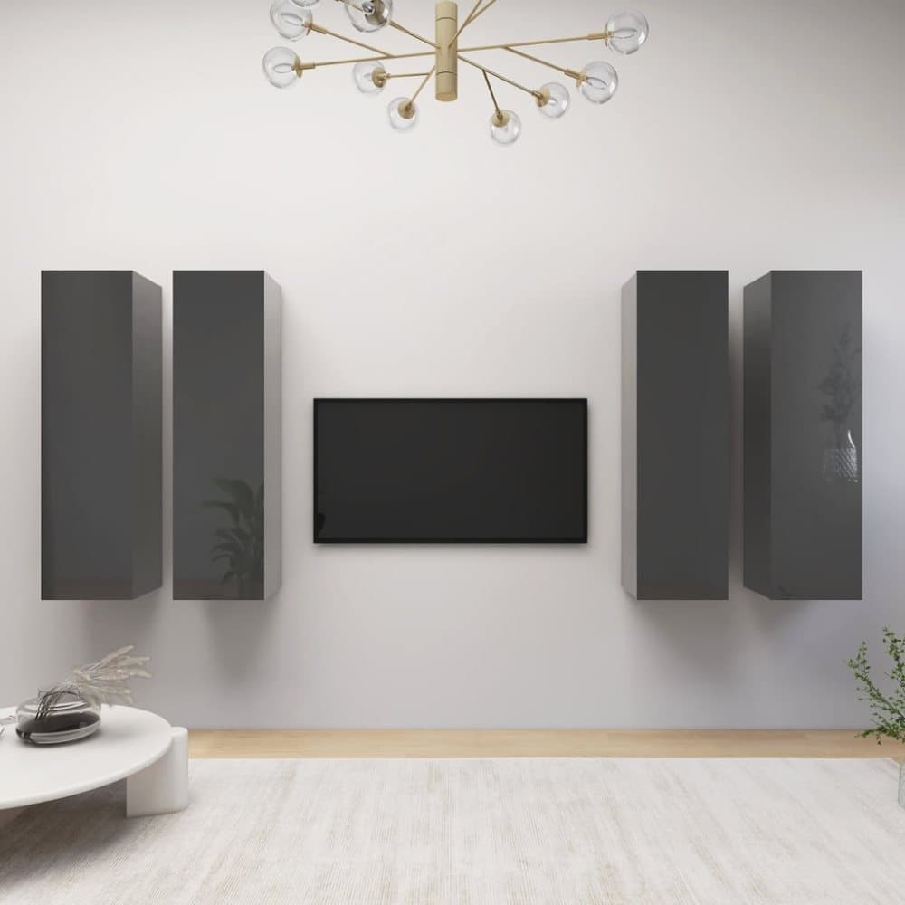 TV-skåp 4 delar grå högglans 30,5x30x110 cm spånskiva