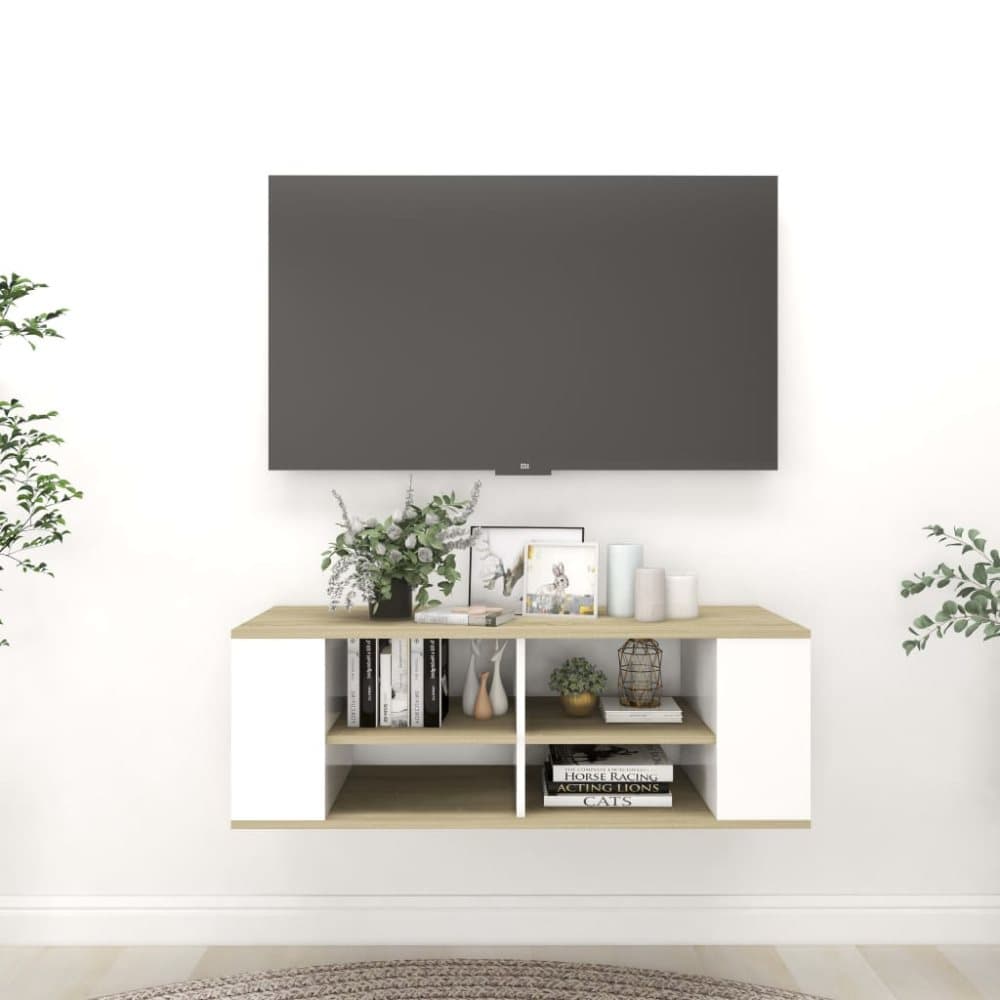Väggmonterat tv-skåp vit och sonoma-ek 102x35x35 cm spånskiva