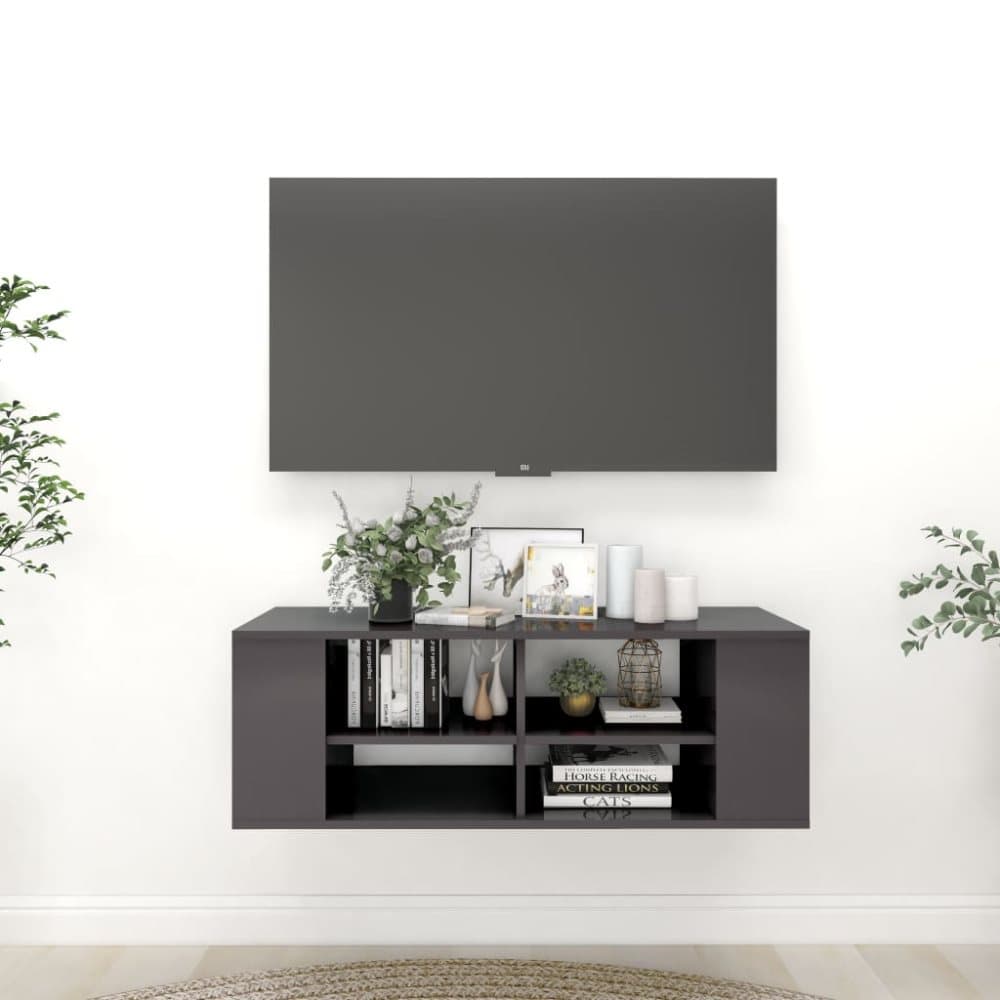 Väggmonterat tv-skåp grå högglans 102x35x35 cm spånskiva