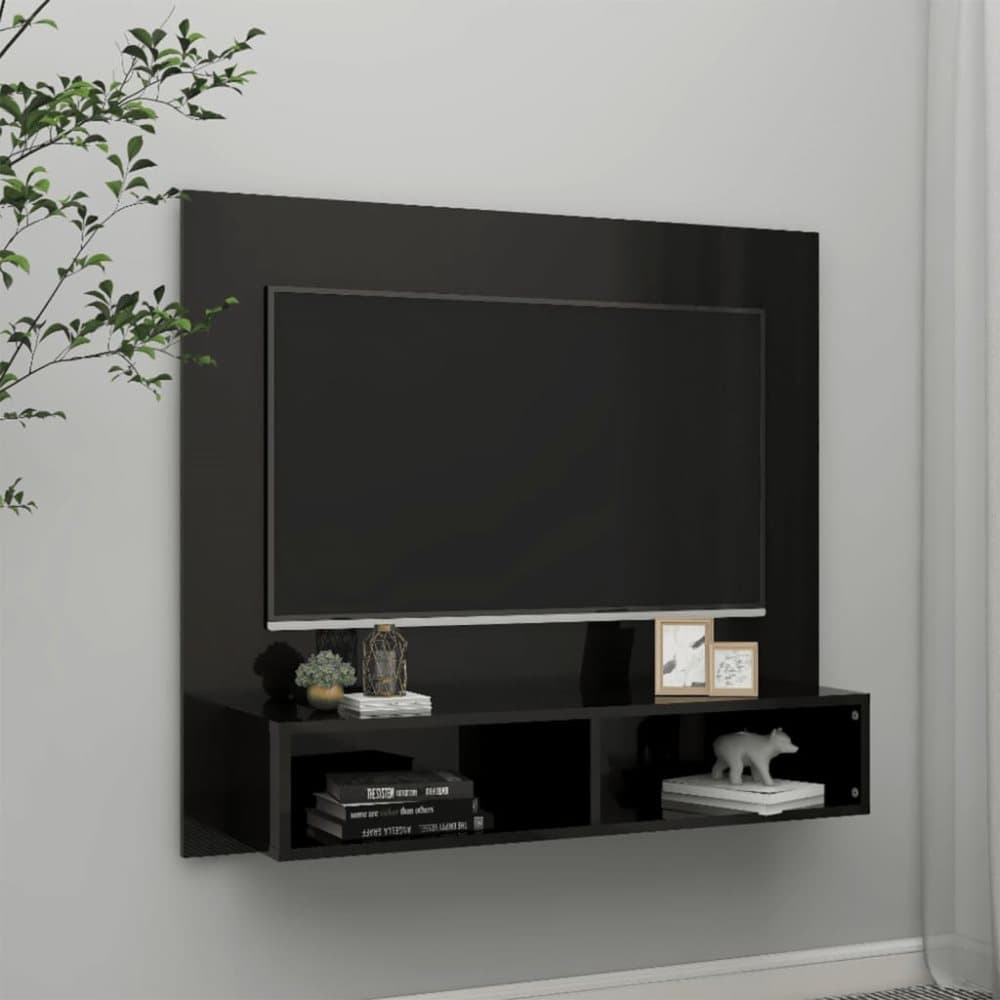Väggmonterat tv-skåp svart högglans 102x23,5x90 cm spånskiva