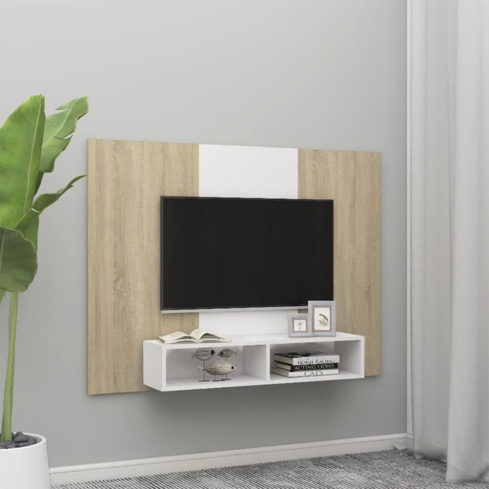 Väggmonterat tv-skåp vit och sonoma-ek 135x23,5x90 cm spånskiva