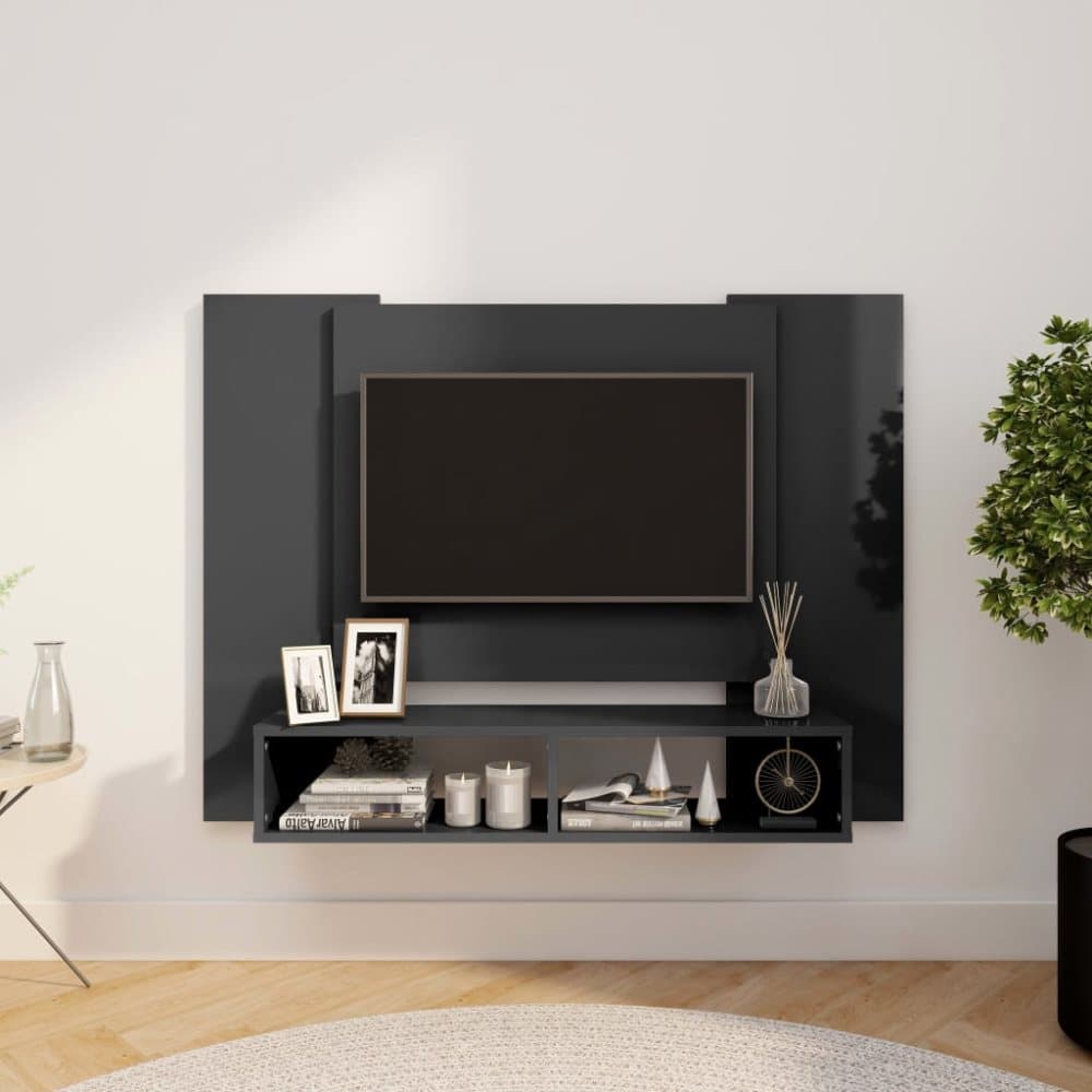 Väggmonterat tv-skåp grå högglans 120x23,5x90 cm spånskiva