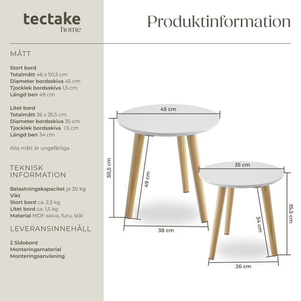 2-delat set sidobord Skaland med träben - brun/vit
