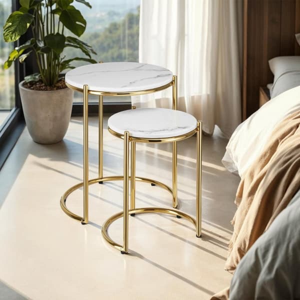 Sidobord Ellsa med marmorskiva och stålram - vit/guld, Uppsättning av 2