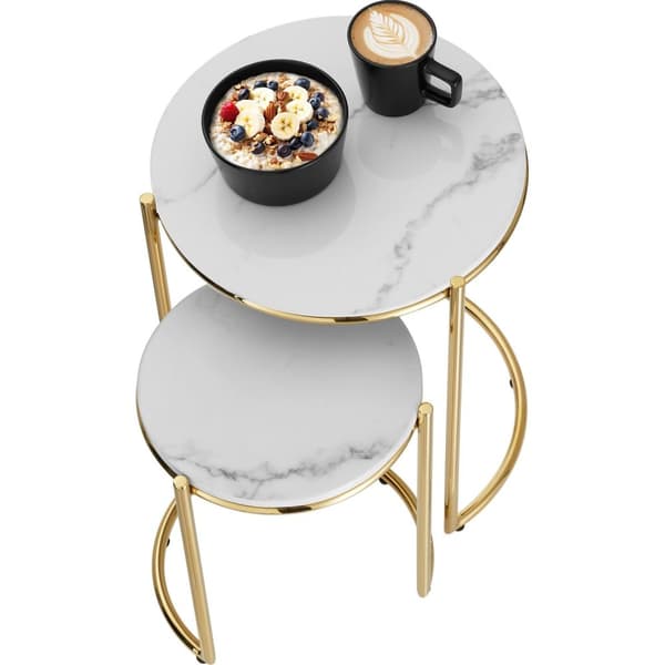 Sidobord Ellsa med marmorskiva och stålram - vit/guld, Uppsättning av 2