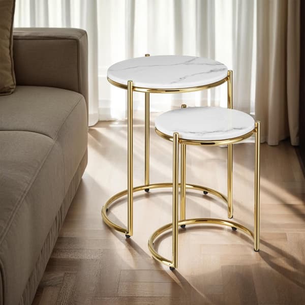 Sidobord Ellsa med marmorskiva och stålram - vit/guld, Uppsättning av 2