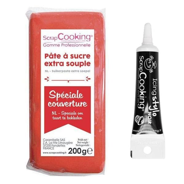 Röd couverture sockerpasta 200 g + Svart glasyrpenna