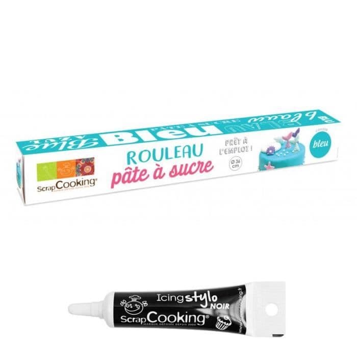 Sockerpasta i rulle Blå 430 g + Svart glasyrpenna
