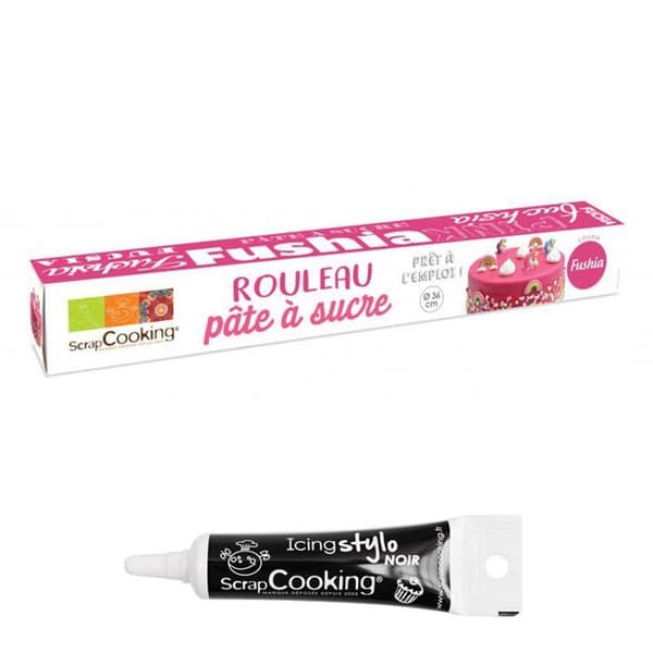 Fuchsia sockerpasta i rulle 430 g + Svart glasyrpenna