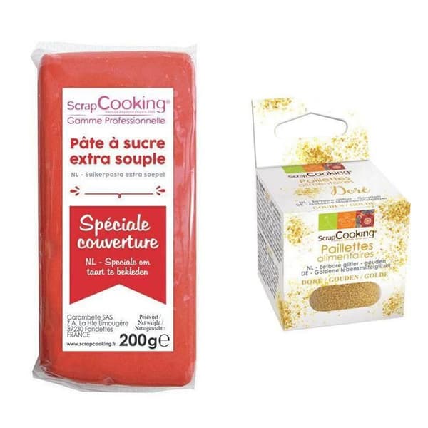 Röd couverture sockerpasta 200 g + gyllene flingor