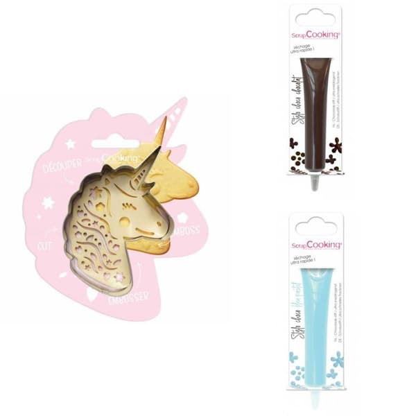 Unicorn präglad kaka-kit + 2 pastellbruna och blå chokladpennor