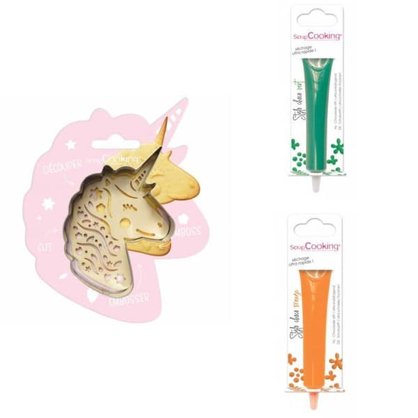 Unicorn Relief Cookie Kit + 2 gröna och orange chokladpennor