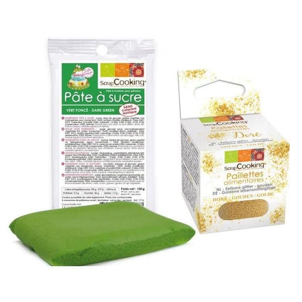 Mörkgrön sockerpasta 100 g + gyllene glitter
