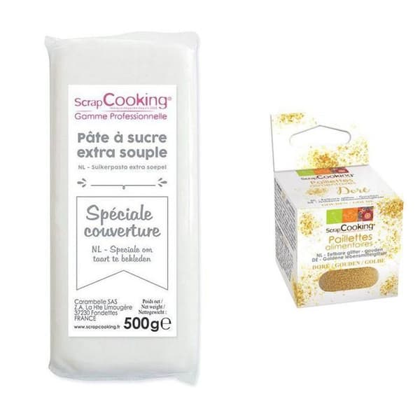 Vit cooverture sockerpasta 500 g + gyllene flingor