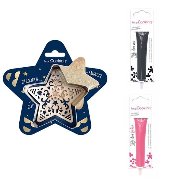 Kit för präglad kaka Star + 2 mörk choklad och fuchsia pennor