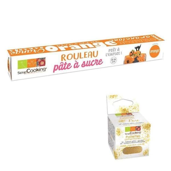 Sockerpastarulle Ø 36 cm orange + gyllene glitter