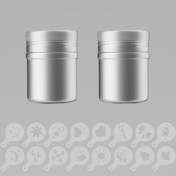 18-delar set pulver shaker - 2 puder shakers med 16 olika stencils i Silver - Vit - För dekoration och dammning av bakverk, kaffe och liknande