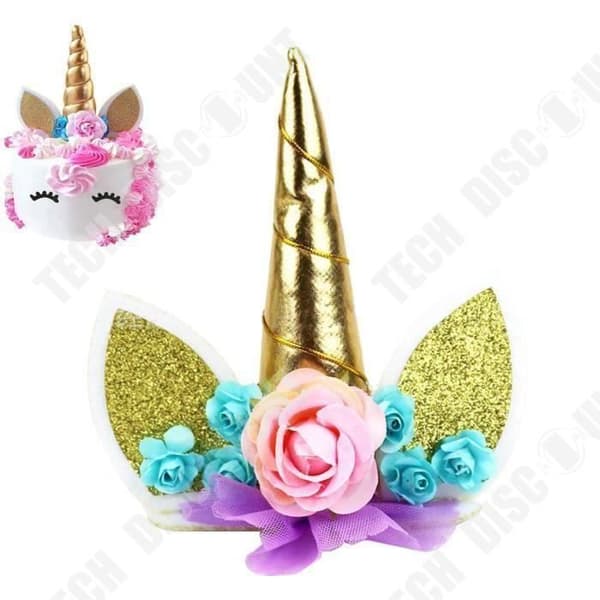 TD® Unicorn Horn Cake Topper - Guldtyg födelsedagstillbehör för barns födelsedagsfest