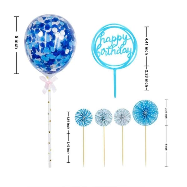 Blå Tårttopper Set – 13 delar med Stjärnor, Ballonger, Blommor & Sol – Födelsedagsdekoration
