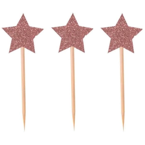 P'TIT Clown re22737 - Set med 12 dekorationstoppar stjärnor i roséguld med glitter 7,5 cm