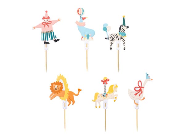 Cupcakedekorationer Cirkus, 9-11,5 cm, mix (1 förpackning / 6 st.)