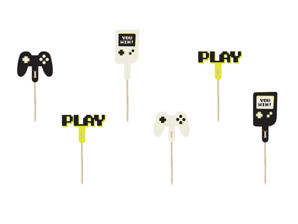 Cupcake-pynt - Gamer, 6-10,5 cm, mix (1 æske / 50 pakker) (1 pakke / 6 stk.)