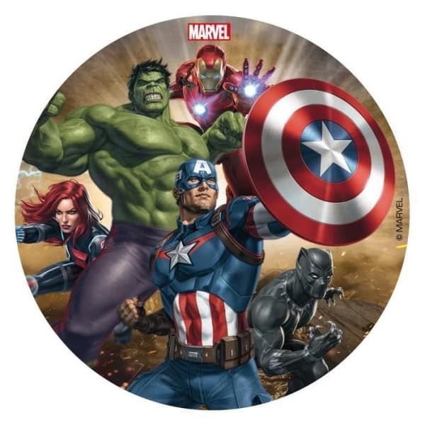 Ätbar skiva - Avengers - 16 cm - Sockerpasta - Vit - Tårtdekoration