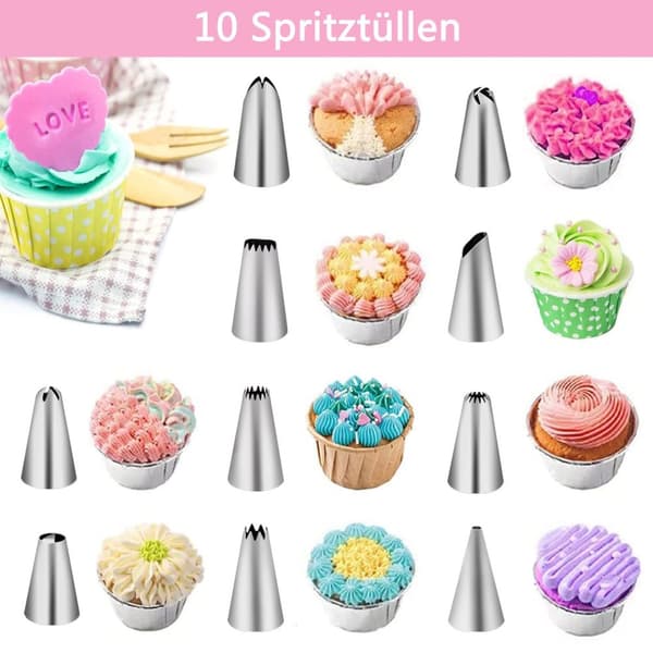 Lollanda 40-delars tårtdekoreringsset – inklusive rostfria spritsmunstycken och silikon spritspåsar
