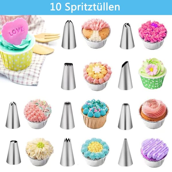 Lollanda 40-delars tårtdekoreringsset – inklusive rostfria spritsmunstycken och silikon spritspåsar