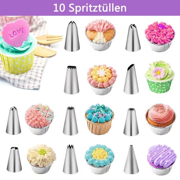 Lollanda 40-delars tårtdekoreringsset – inklusive rostfria spritsmunstycken och silikon spritspåsar
