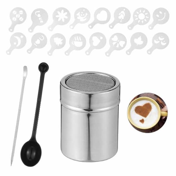 Cailiya chokladshaker i rostfritt stål + 16 Barista Cafe Cappuccino-stenciler + 1 mätsked + 1 Barista-penna