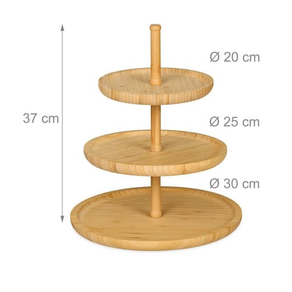 Relaxdays Utställning 3 nivåer, bambu, H: 25 cm, D: 30 cm, 3 träfat för kakor, snacks, nötter, naturell