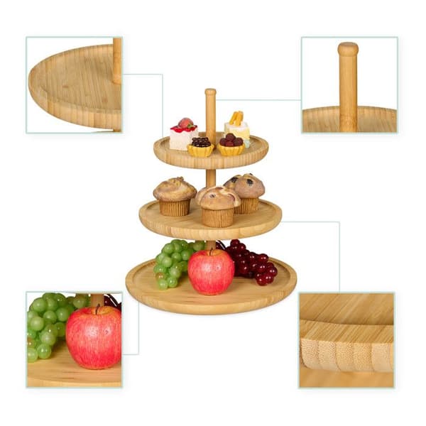 Relaxdays Utställning 3 nivåer, bambu, H: 25 cm, D: 30 cm, 3 träfat för kakor, snacks, nötter, naturell