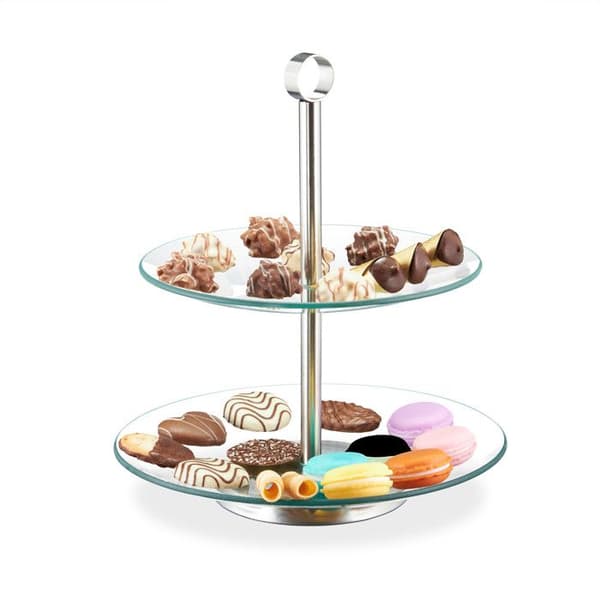 Relaxdays Tårnställ för kakor, 2 våningar, rund, glas, rostfritt stål, presentation av muffins, frukter, etc., transparent/silver