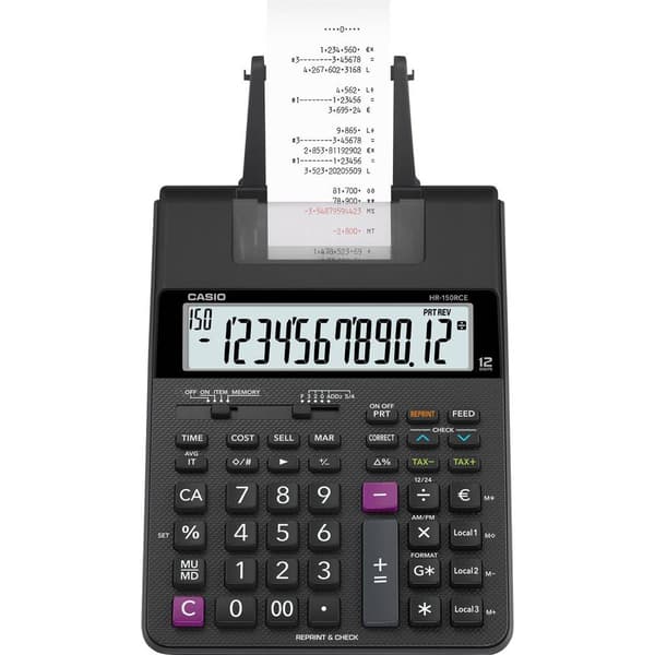 Casio HR-150 RCE Skrivande bordsdator Svart Display (ställen): 12 batteri, eldriven (valfritt) (B x H x D) 165 x 65 x 2 Svart
