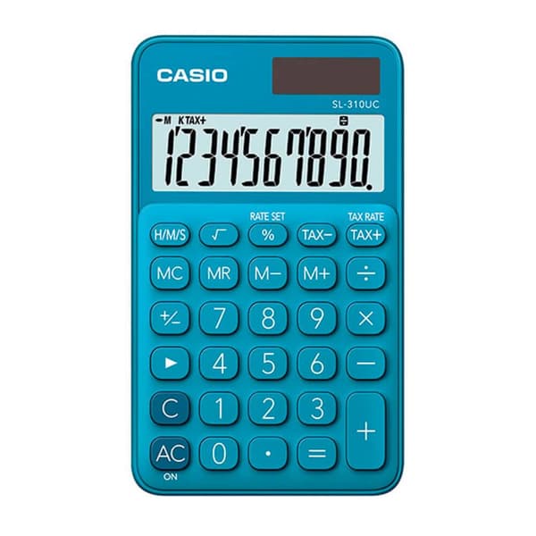Casio SL-310UC-BU Miniräknare Blå Display (ställen): 10 solcell, batteri (B x H x D) 70 x 8 x 118 mm