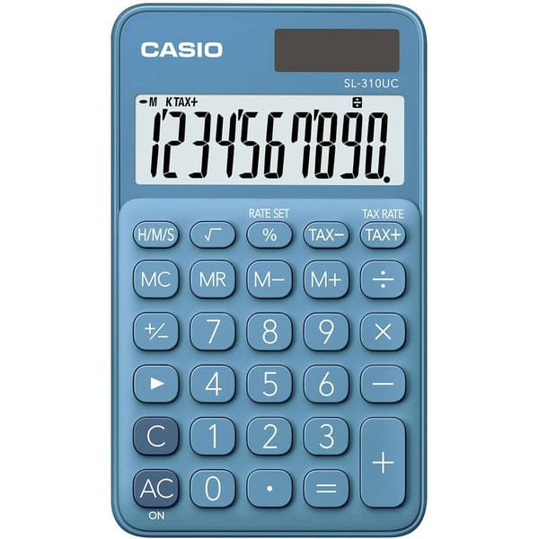 Casio SL-310UC-BU Taskelommeregner Blå Display (indstil): 10 solcelle-drift, Batteridrevet (B x H x T) 70 x 8 x 118 mm
