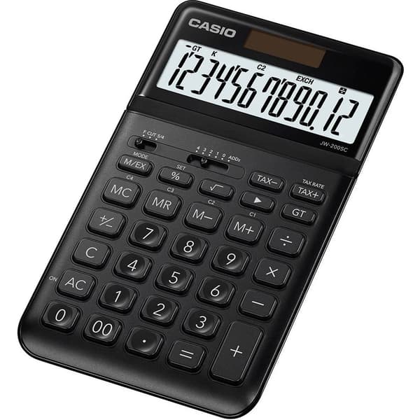 Casio JW-200SC-BK Bordsräknare Svart Display (ställen): 12 solcell, batteri (B x H x D) 109 x 11 x 184 mm