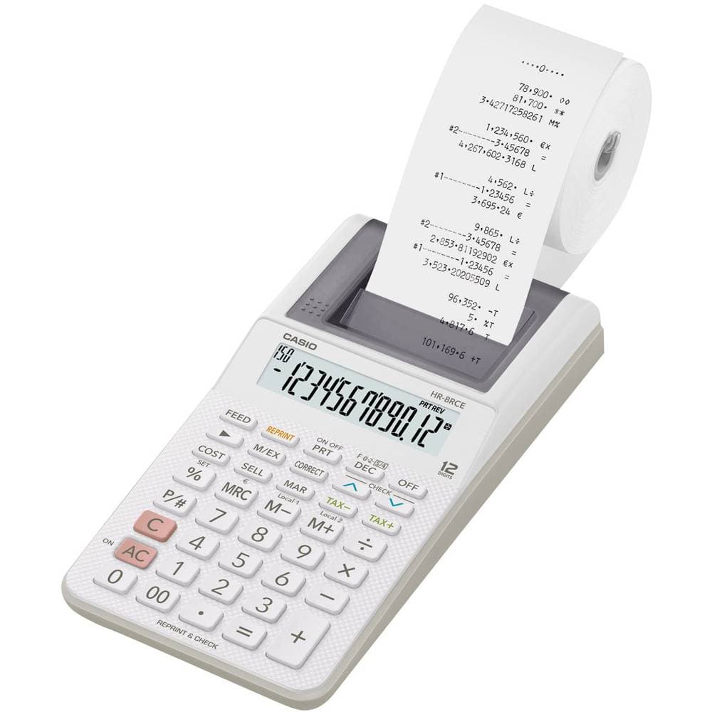 Casio HR-8RCE-WE Skrivande bordsdator Vit Display (ställen): 12 batteri, eldriven (valfritt) (B x H x D) 102 x 42 x 209
