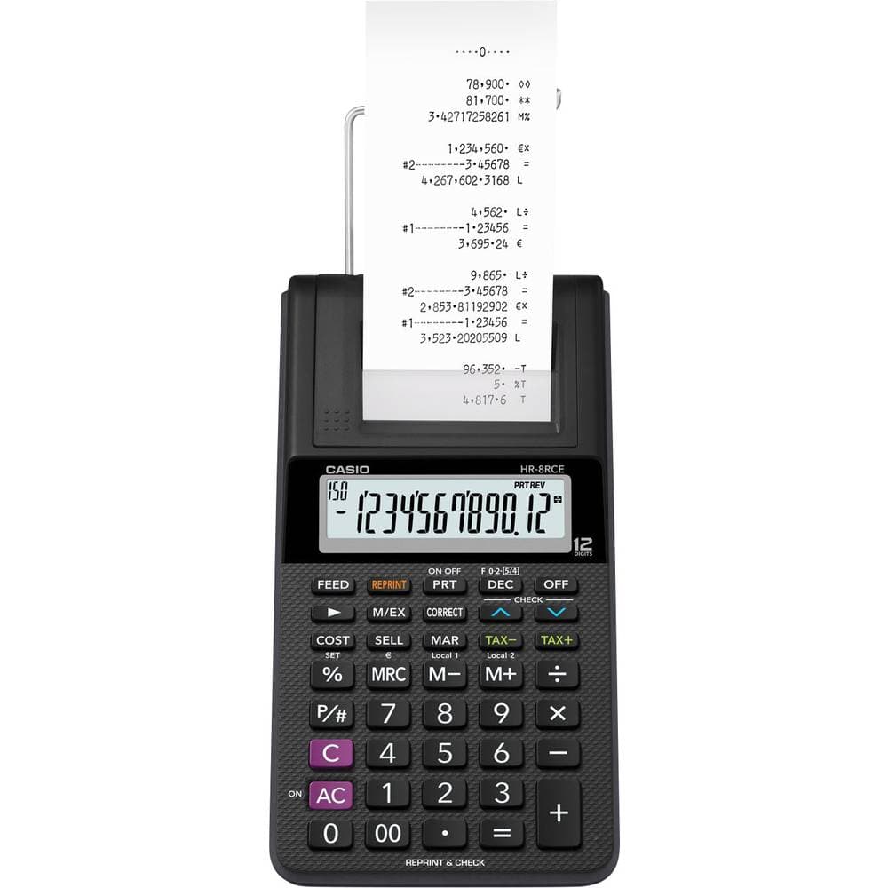 Casio HR-8RCE-BK Skrivande bordsdator Svart Display (ställen): 12 batteri, eldriven (valfritt) (B x H x D) 102 x 42 x 2