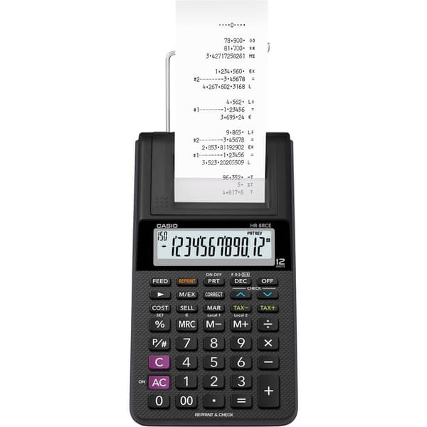 Casio HR-8RCE-BK Skrivande bordsdator Svart Display (ställen): 12 batteri, eldriven (valfritt) (B x H x D) 102 x 42 x 2 Svart