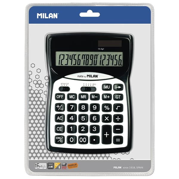 Milan Musta Läpipainopakkaus Numerolaskin 16 Hopeinen